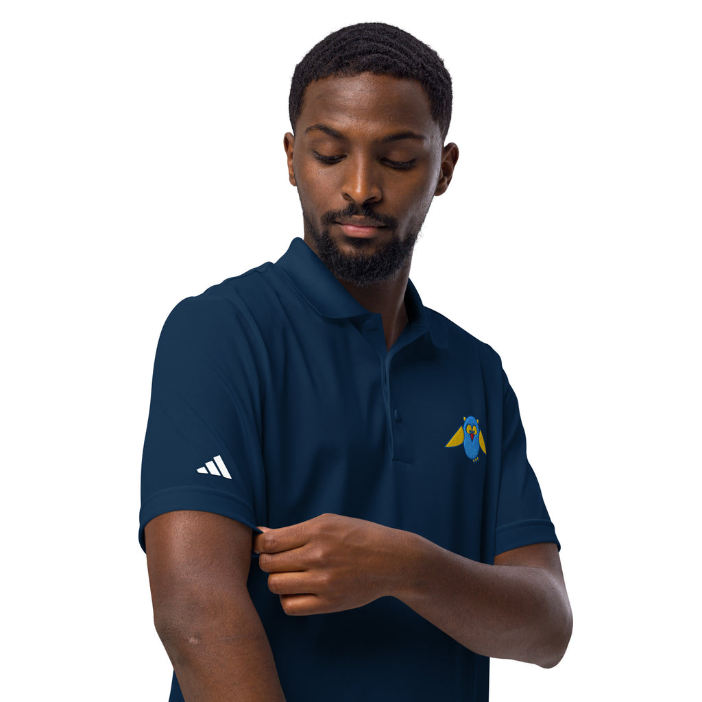 Adidas Schwarzwald Polo mit gestickter Eule, Herrenmodell, Dunkelblau, nach rechts gedreht