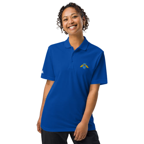 Adidas Schwarzwald Polo mit gestickter Eule, Damenmodell, Königsblau, frontal