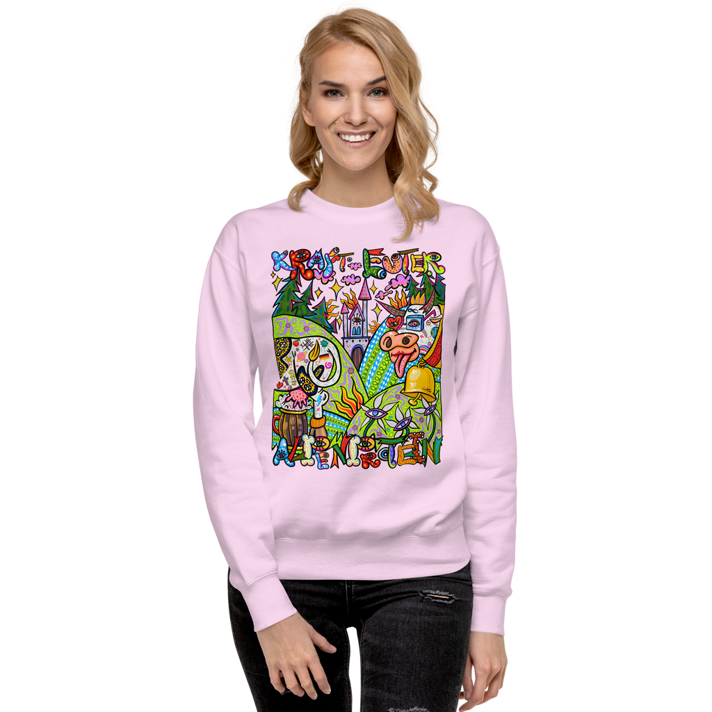 Alpenprotein Psychedelic Sweatshirt in Lavendel, getragen von einem Damenmodell, Frontansicht