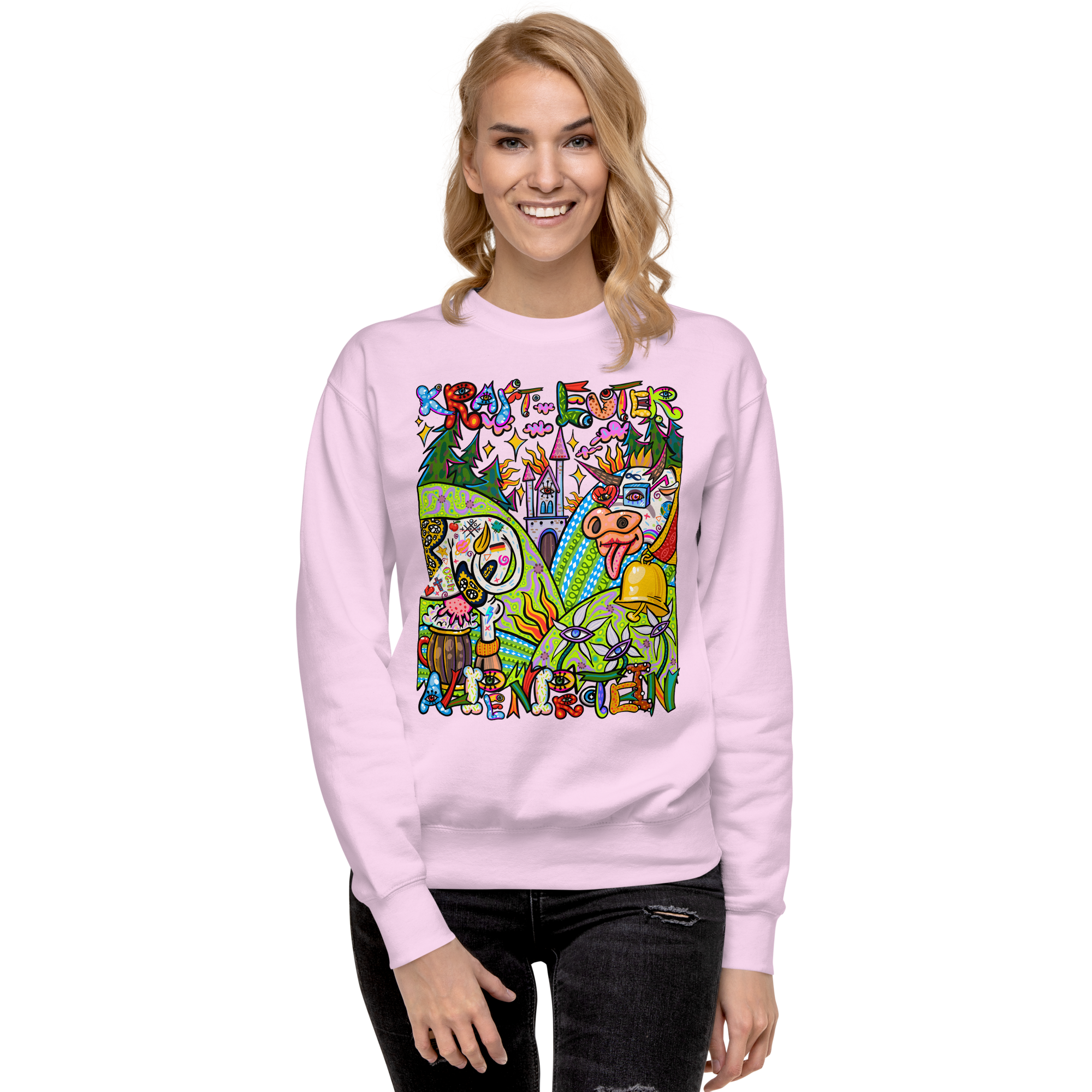 Alpenprotein Psychedelic Sweatshirt in Lavendel, getragen von einem Damenmodell, Frontansicht
