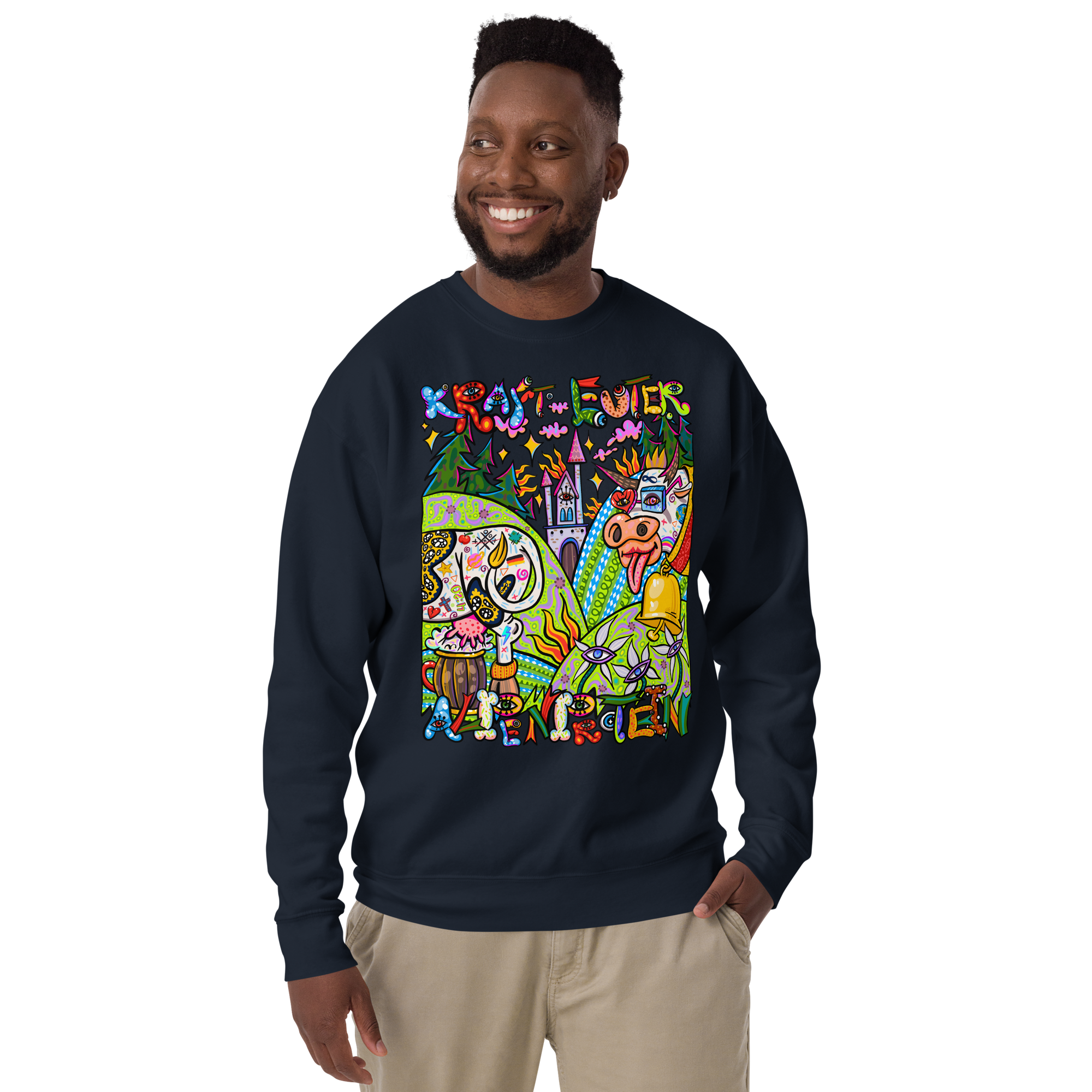 Alpenprotein Psychedelic Sweatshirt in Marineblau, getragen von einem Herrenmodell, Frontansicht