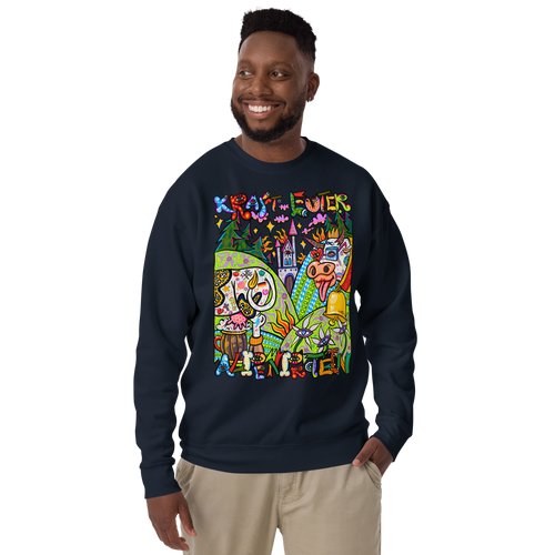 Alpenprotein Psychedelic Sweatshirt in Marineblau, getragen von einem Herrenmodell, Frontansicht