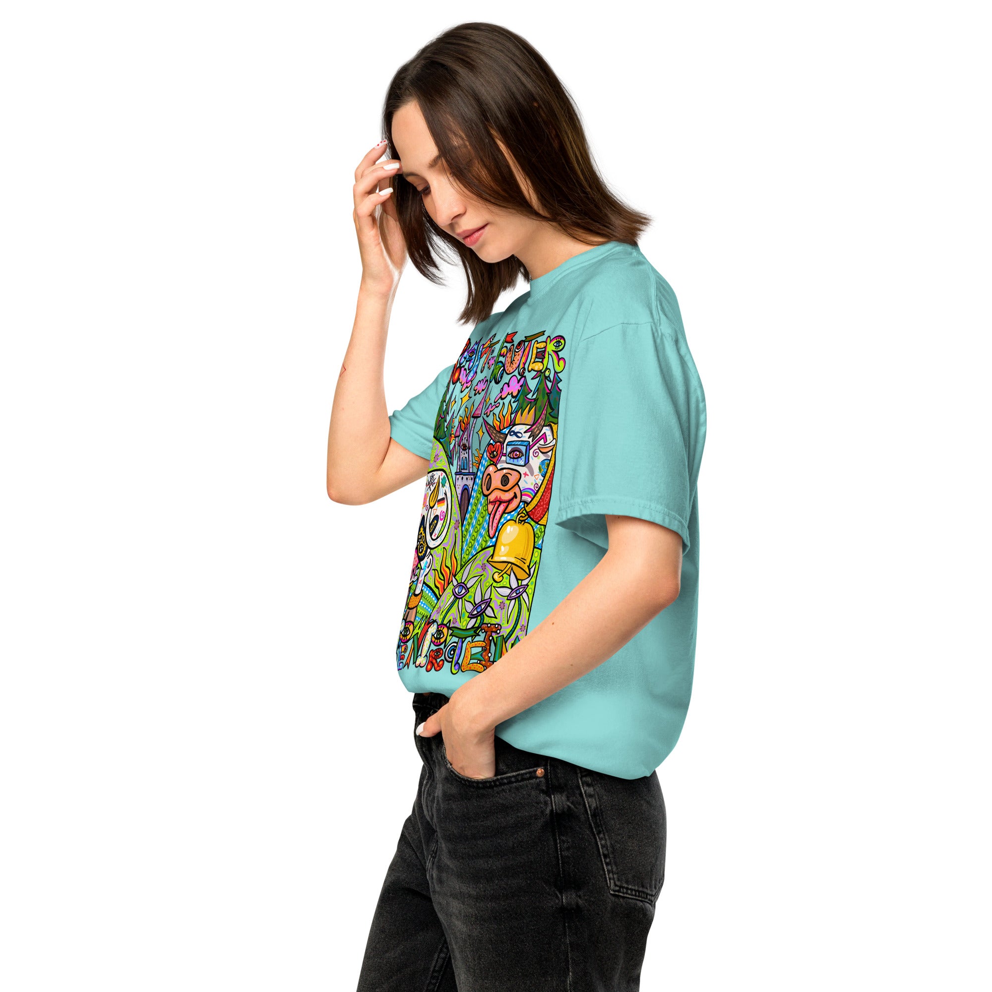 Alpenprotein Psychedelic T-Shirt, Damenmodell, Lagunenblau, nach links gedreht