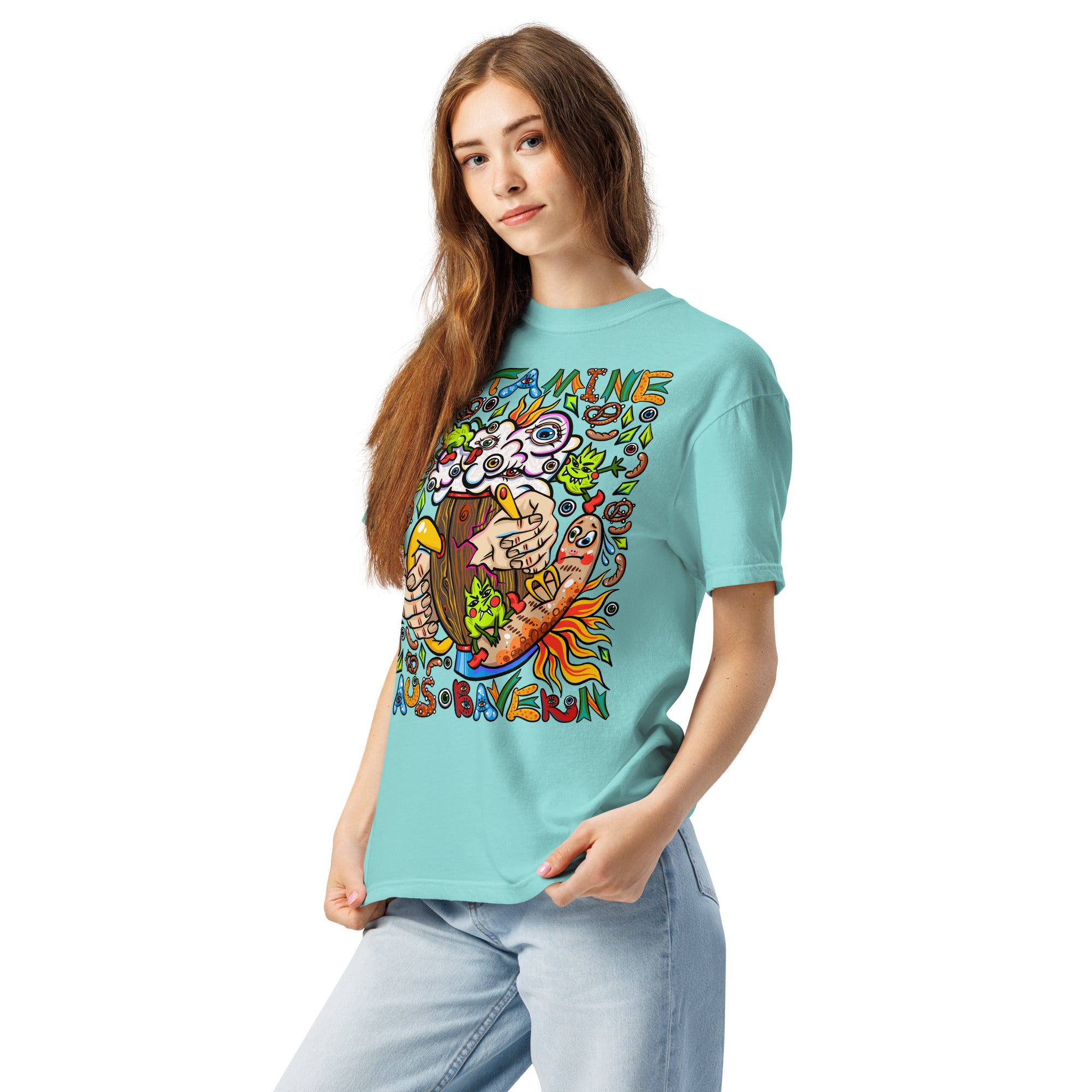 Bayerisches Bier Psychedelic T-Shirt, Damenmodell, Lagunenblau, nach links gedreht