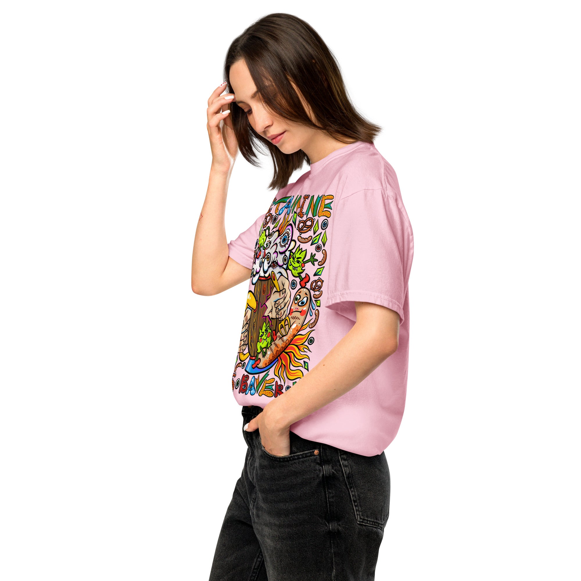 Bayerisches Bier Psychedelic T-Shirt, Damenmodell, Rosa, nach links gedreht