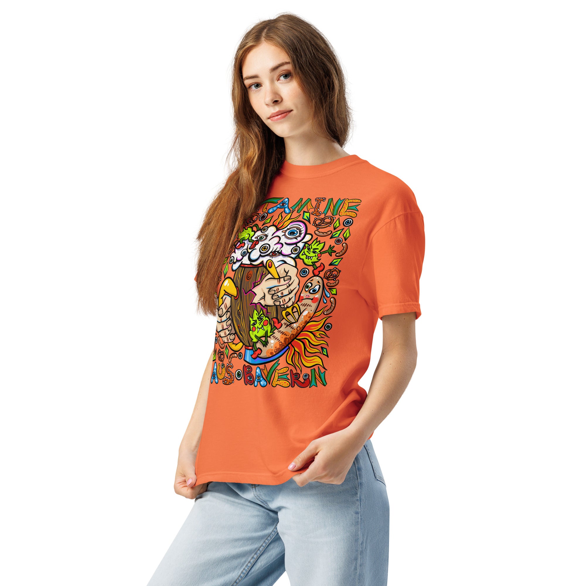 Bayerisches Bier Psychedelic T-Shirt, Damenmodell, Rostorange, nach links gedreht