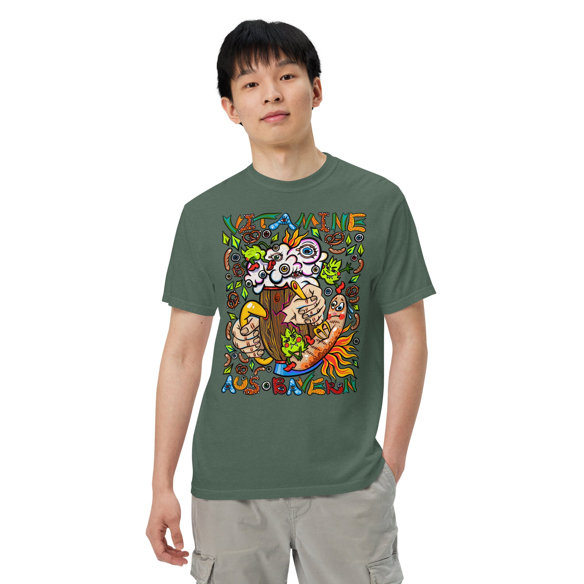 Bayerisches Bier Psychedelic T-Shirt, Herrenmodell, Tannengrün, front
