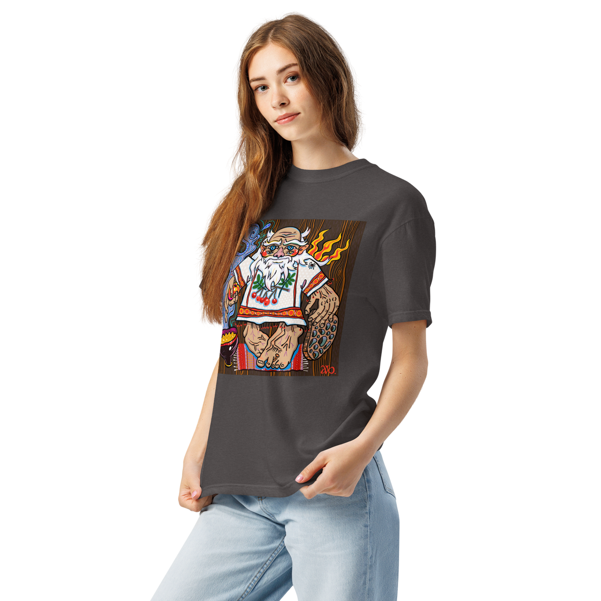 Domovoy Psychedelic T-Shirt, Damenmodell, Graphit, nach links gedreht