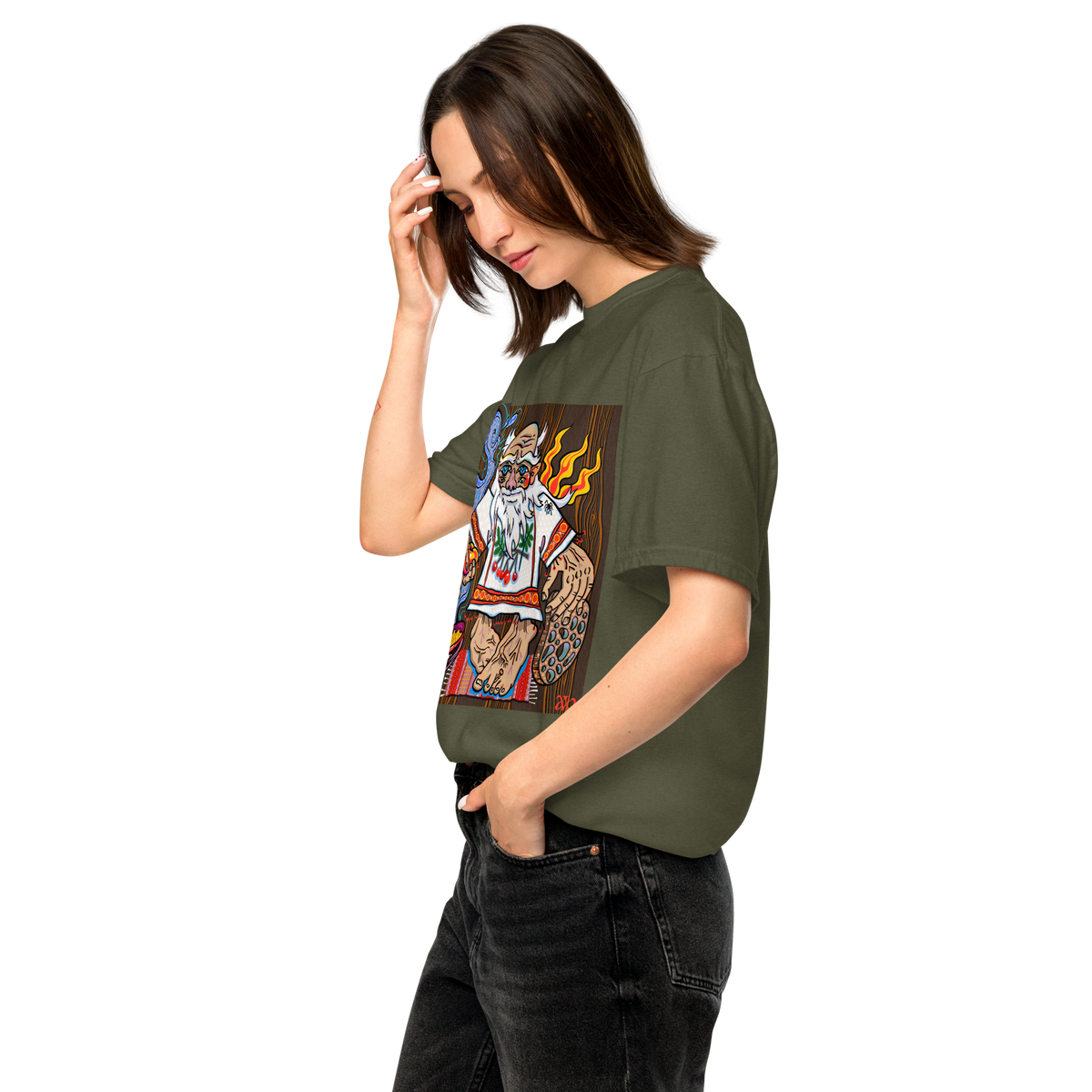 Domovoy Psychedelic T-Shirt, Damenmodell, Salbeigruen, nach links gedreht