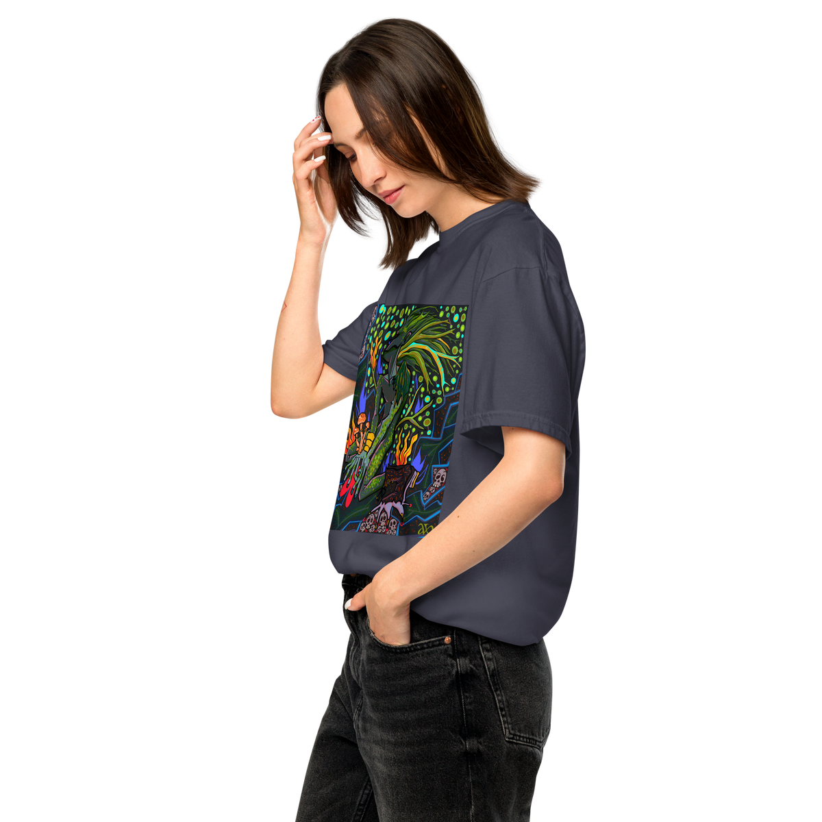 Leshy Psychedelic T-Shirt, Damenmodell, Navy, nach links gedreht