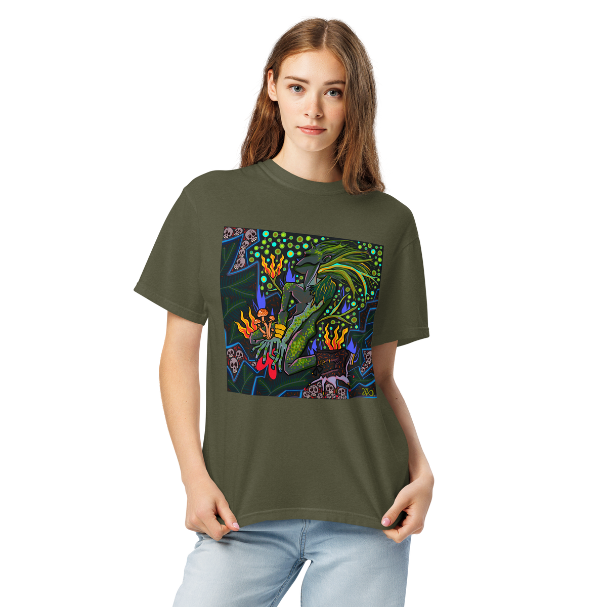 Leshy Psychedelic T-Shirt, Damenmodell, Salbeigrün, Vorderansicht