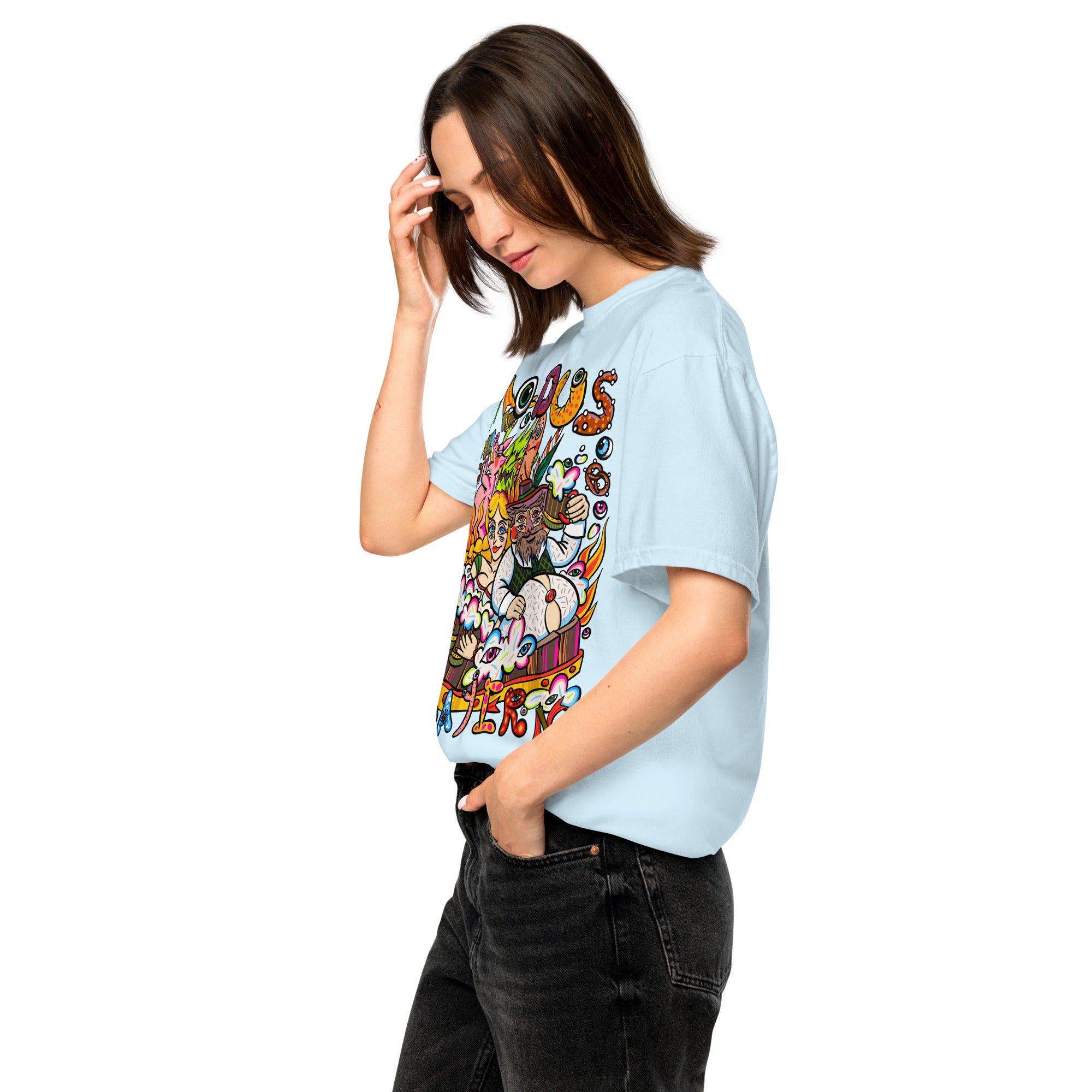 Modus-Bayern-Psychedelic T-Shirt, Damenmodell, Hellblau, nach links gedreht