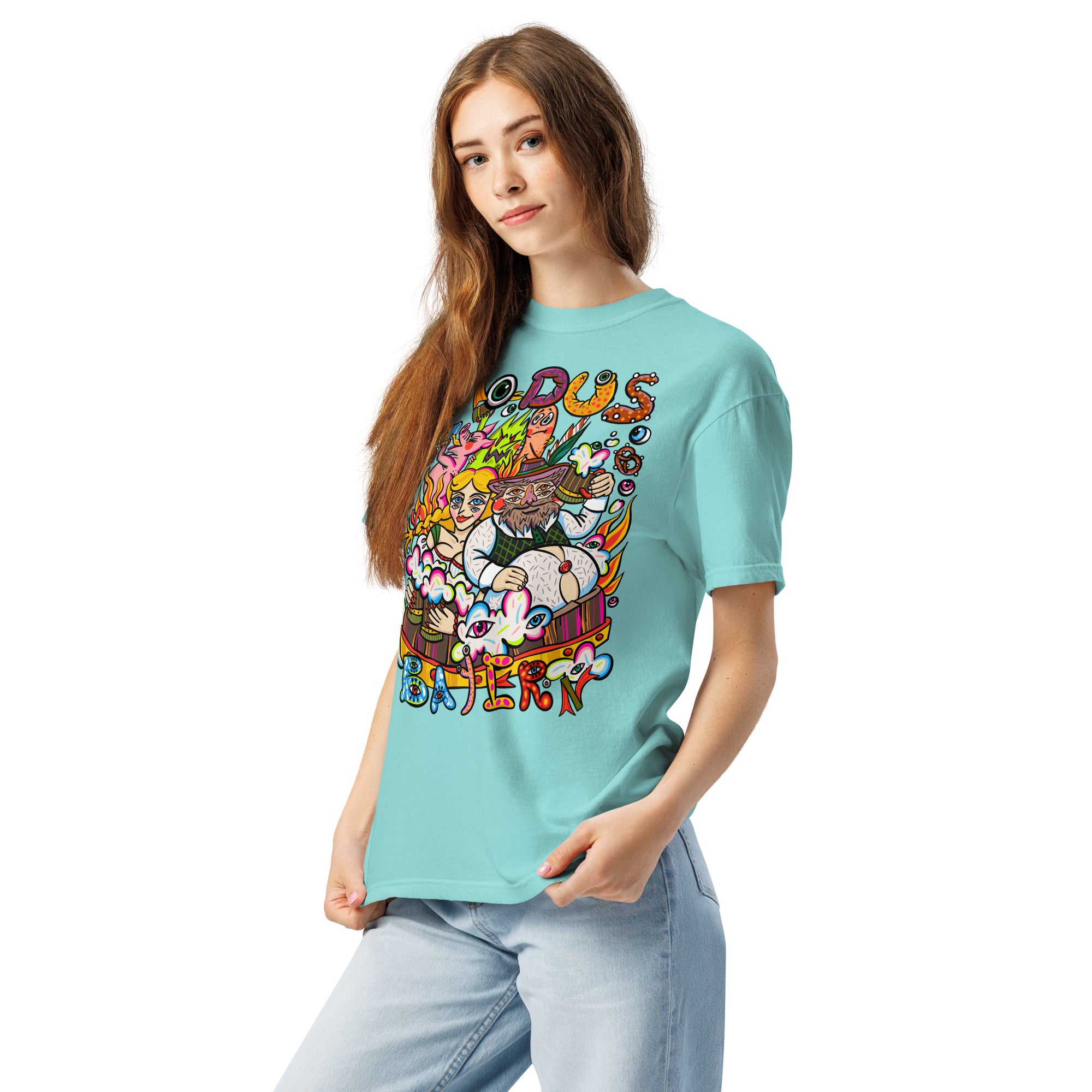 Modus Bayern Psychedelic T-Shirt, Damenmodell, Lagunenblau, nach links gedreht