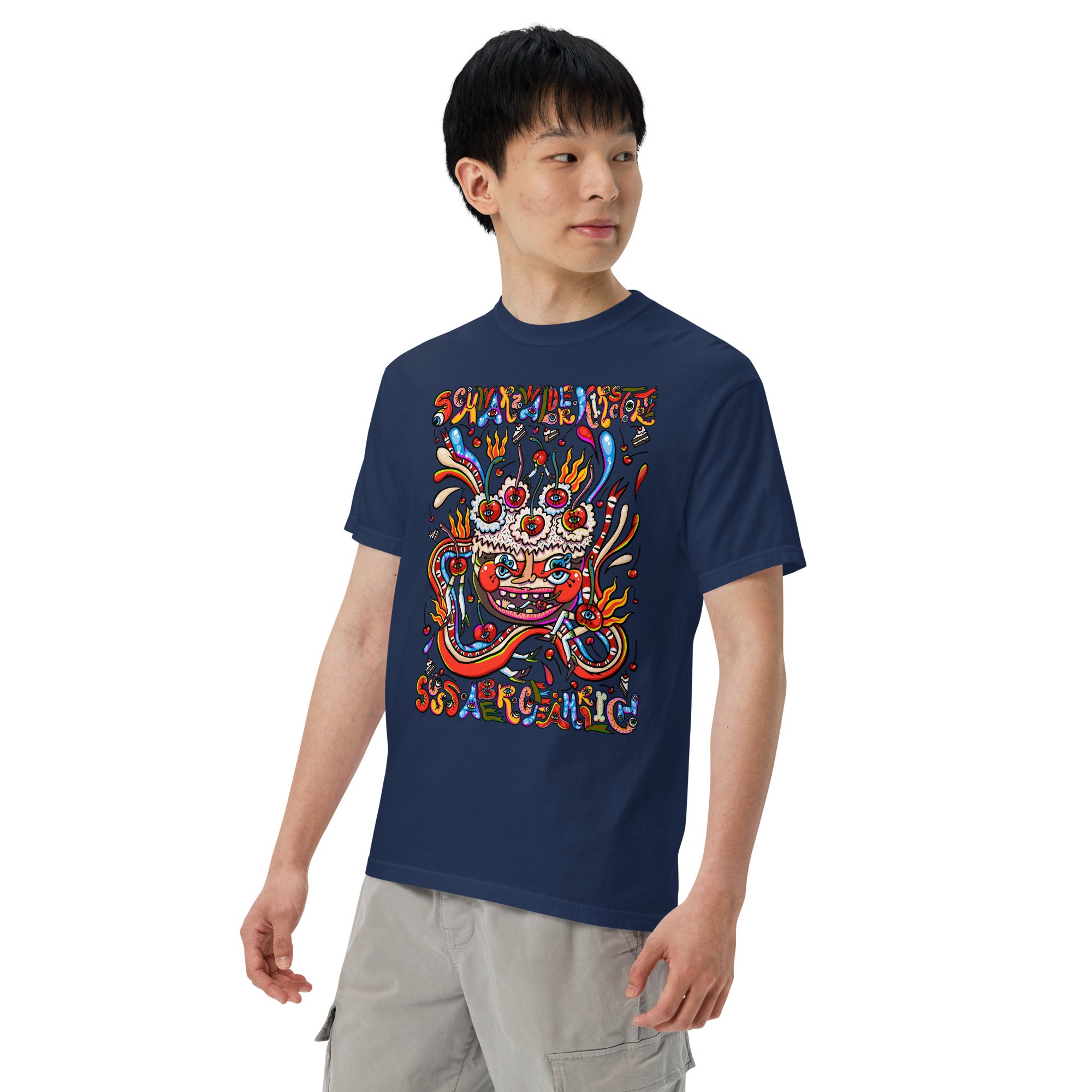Schwarzwälder Kirschtorte Psychedelic T-Shirt, Herrenmodell, Dunkelblau, nach links gedreht