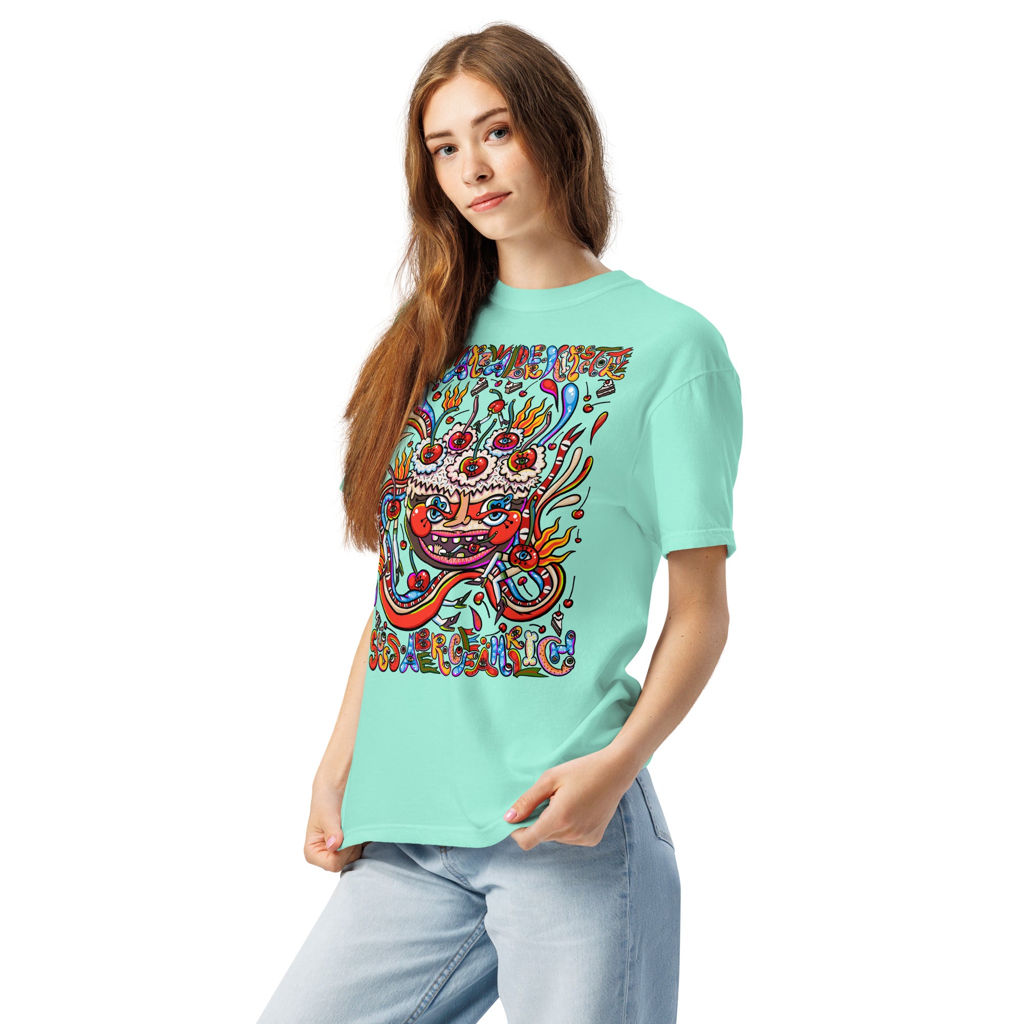 Schwarzwälder Kirschtorte Psychedelic T-Shirt, Damenmodell, Mintgrün, nach links gedreht