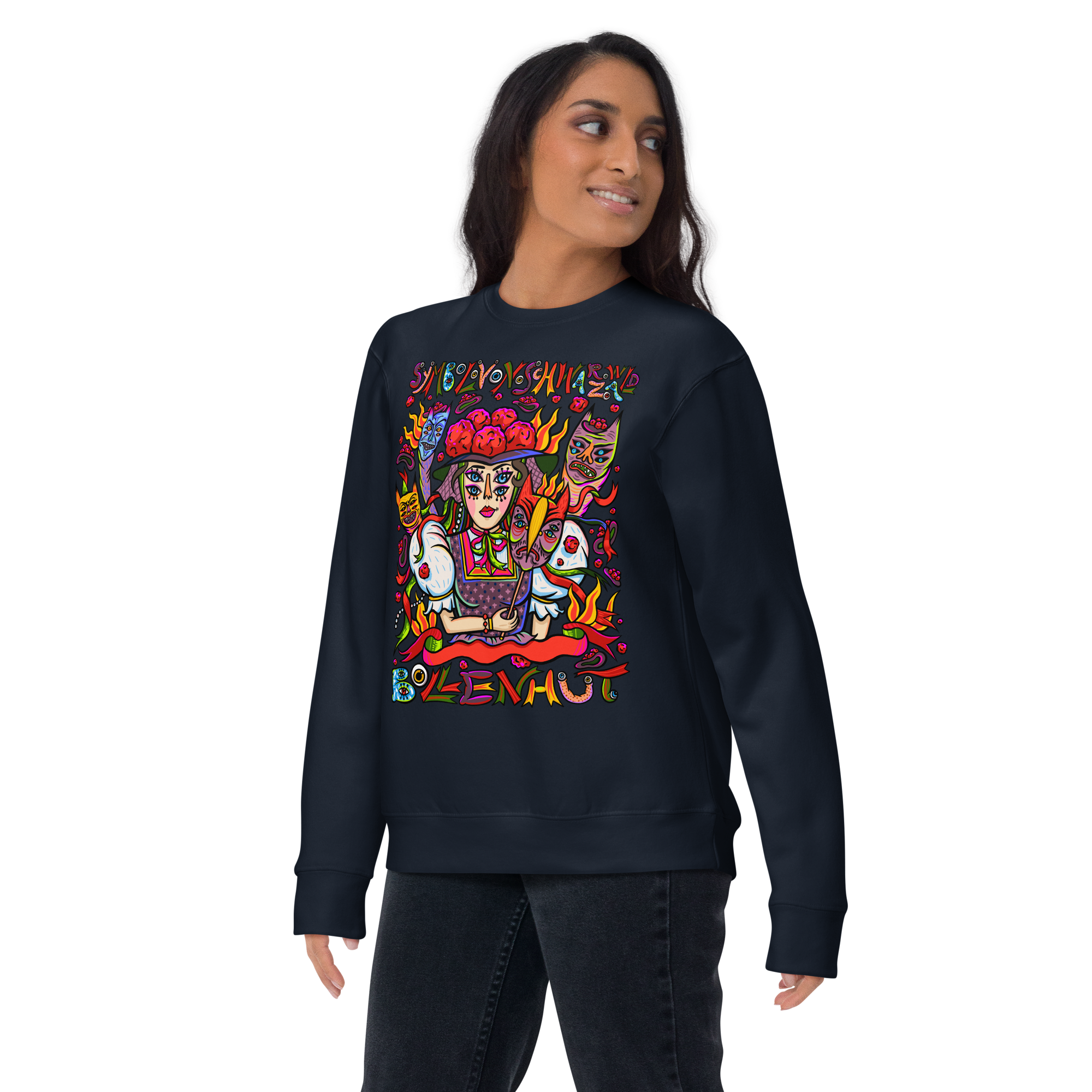 Schwarzwald Bollenhut Psychedelic Sweatshirt, Damenmodell, Dunkelblau, nach links gedreht
