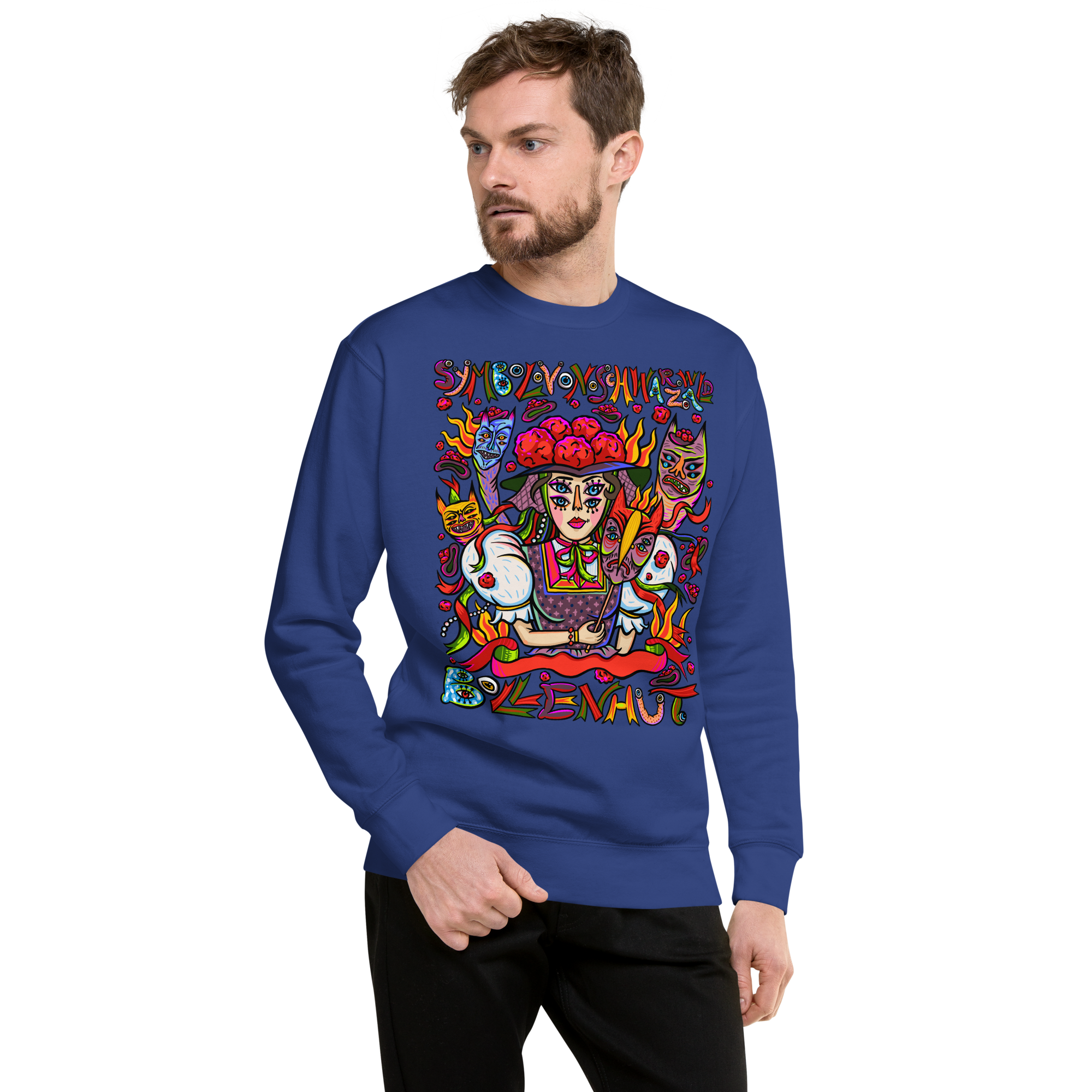 Schwarzwald Bollenhut Psychedelic Sweatshirt, Herrenmodell, Königsblau, nach rechts gedreht