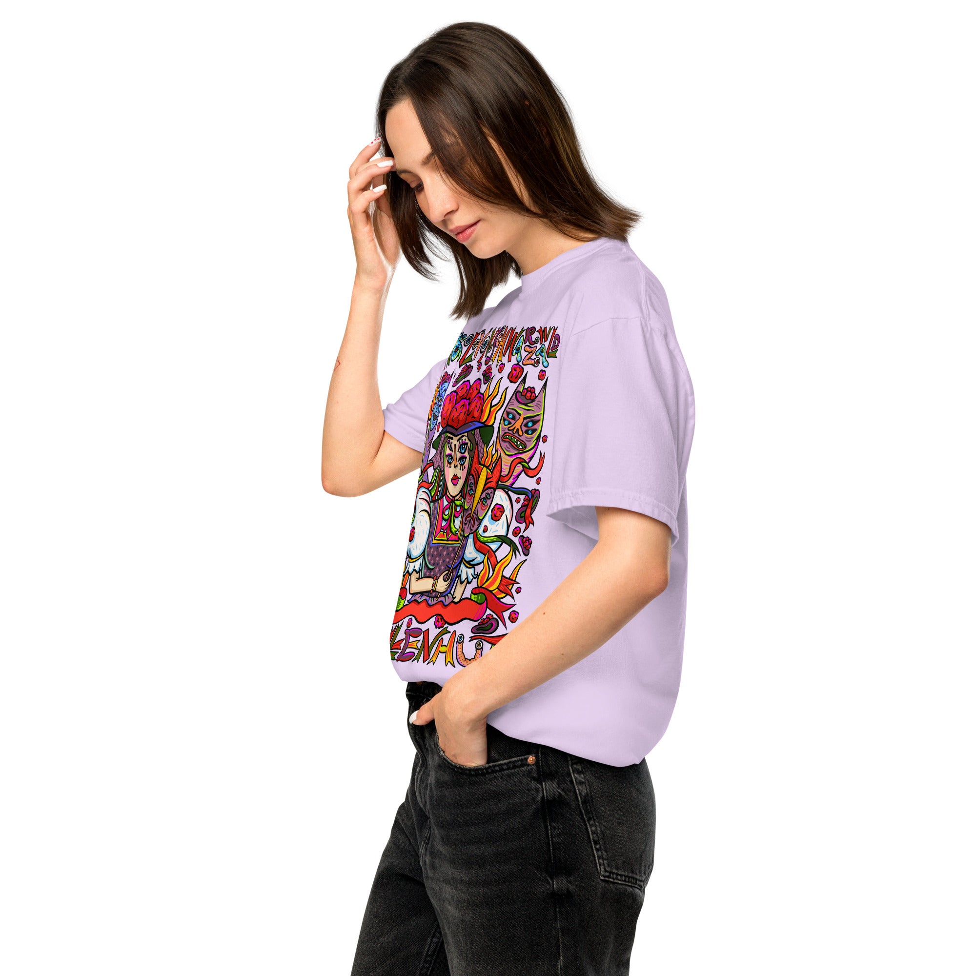 Schwarzwald Bollenhut Psychedelic T-Shirt, Damenmodell, Lila, nach links gedreht