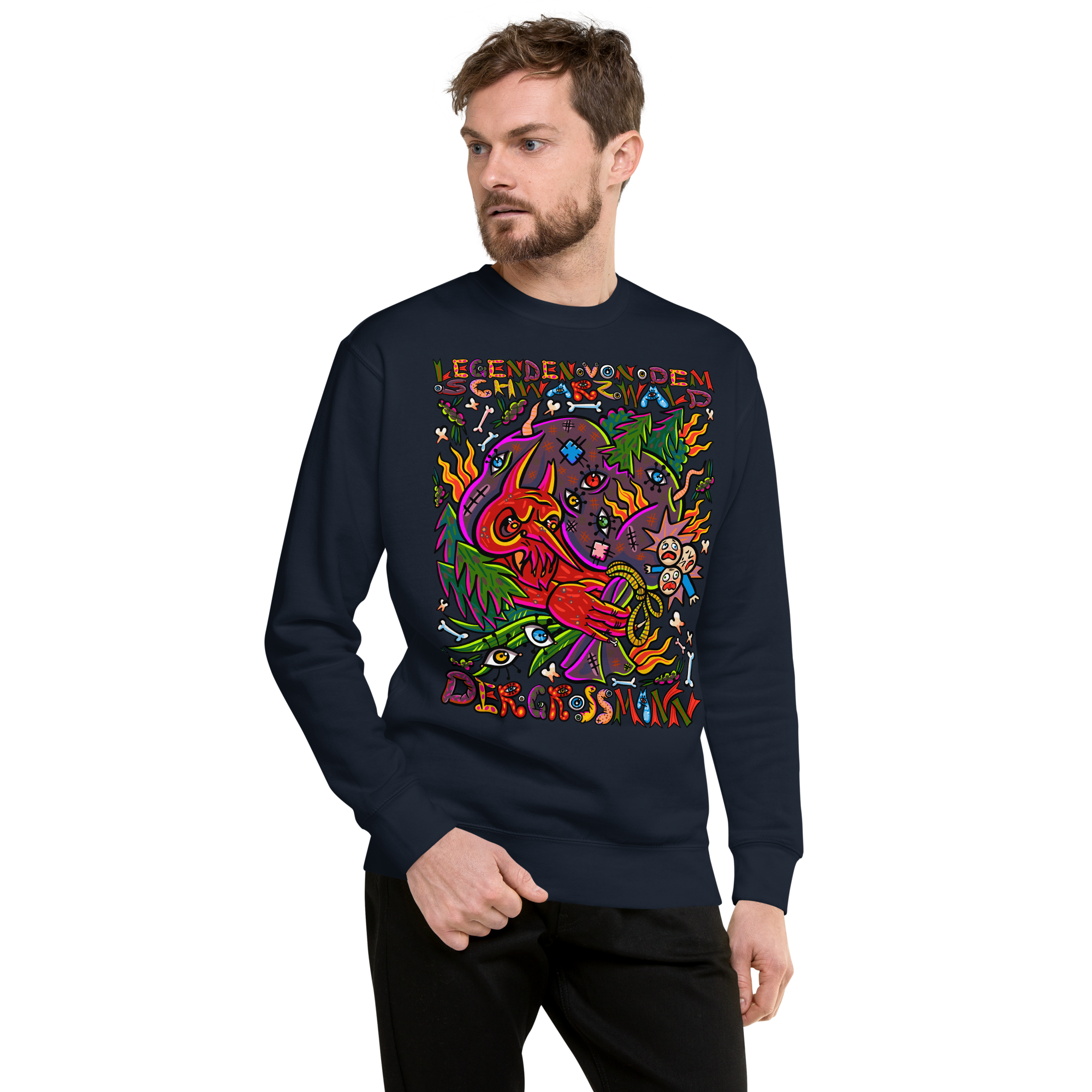 Schwarzwald Der Grossmann Psychedelic Sweatshirt, Herrenmodell, Dunkelblau, nach rechts gedreht
