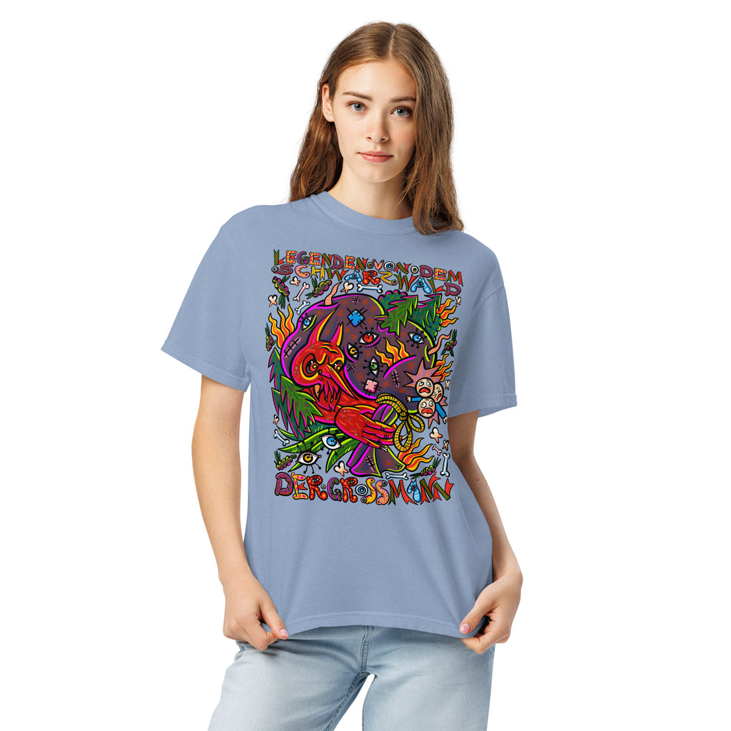Schwarzwald Der Grossmann Psychedelic T-Shirt, Damenmodell, Jeansblau, Frontansicht