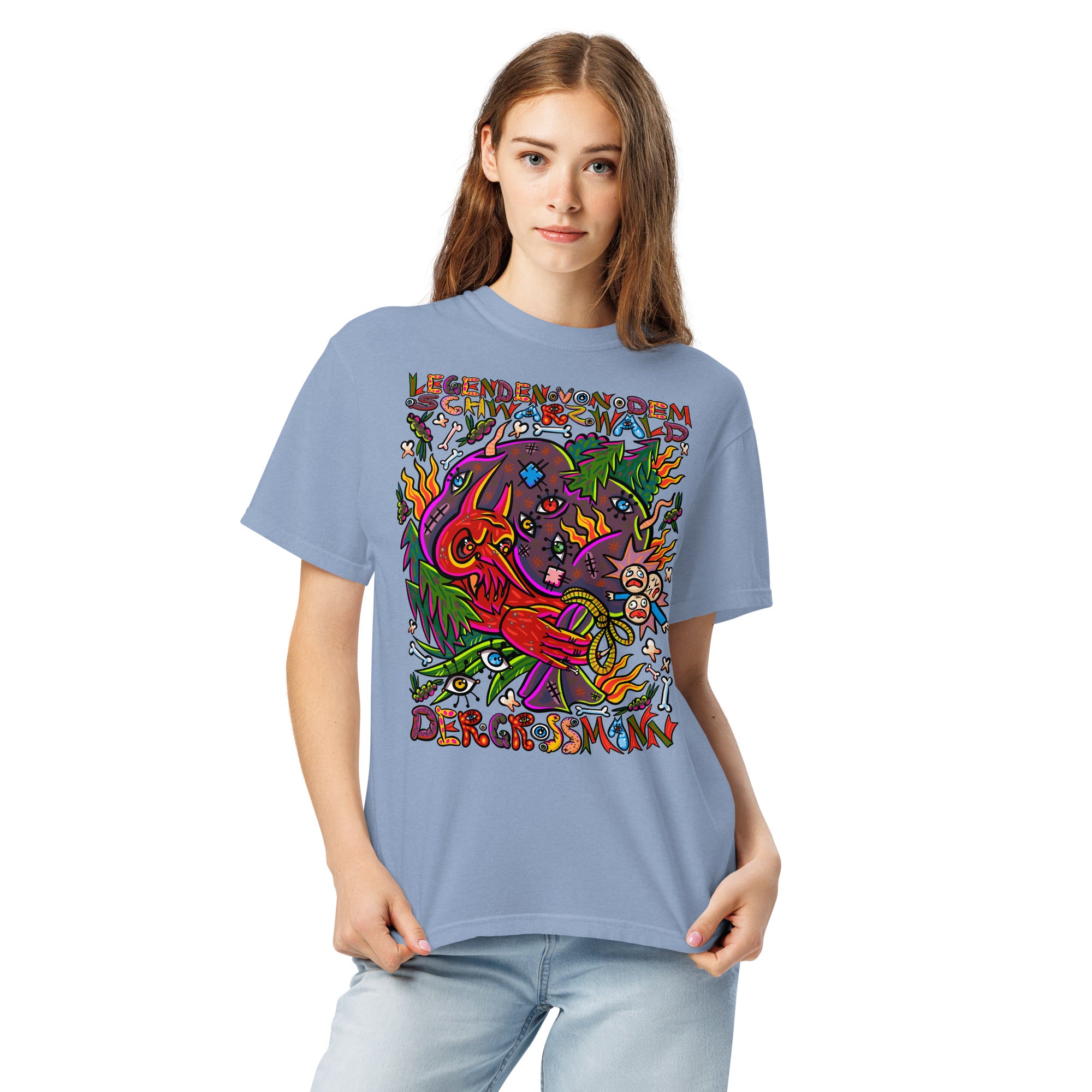 Schwarzwald Der Grossmann Psychedelic T-Shirt, Damenmodell, Jeansblau, Frontansicht