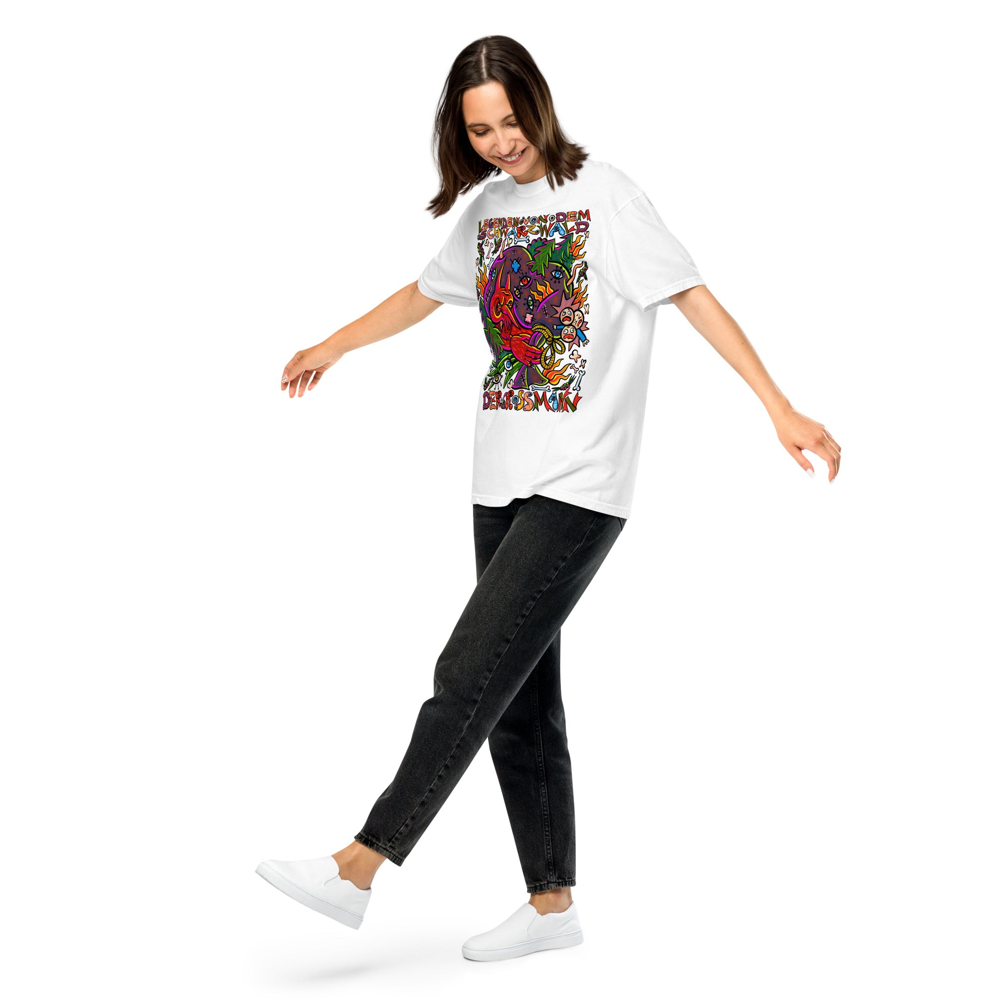 Schwarzwald Der Grossmann Psychedelic T-Shirt, Damenmodell, Weiß, Frontansicht in Bewegung