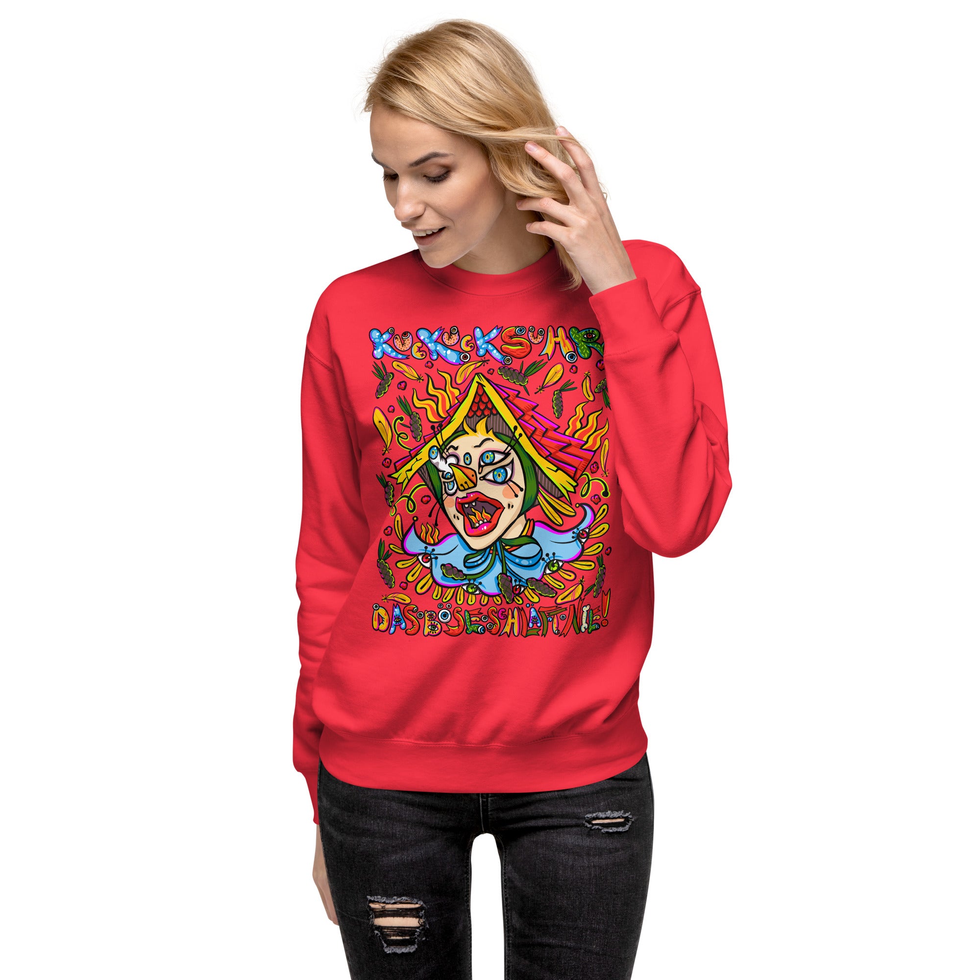 Schwarzwald Kuckucksuhr Psychedelic Sweatshirt, Damenmodell, Rot, front