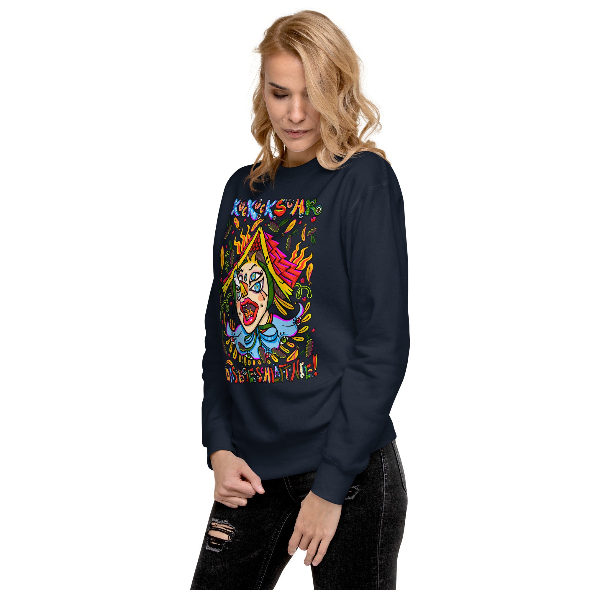Schwarzwald Kuckucksuhr Psychedelic Sweatshirt, Damenmodell, Dunkelblau, nach links gedreht