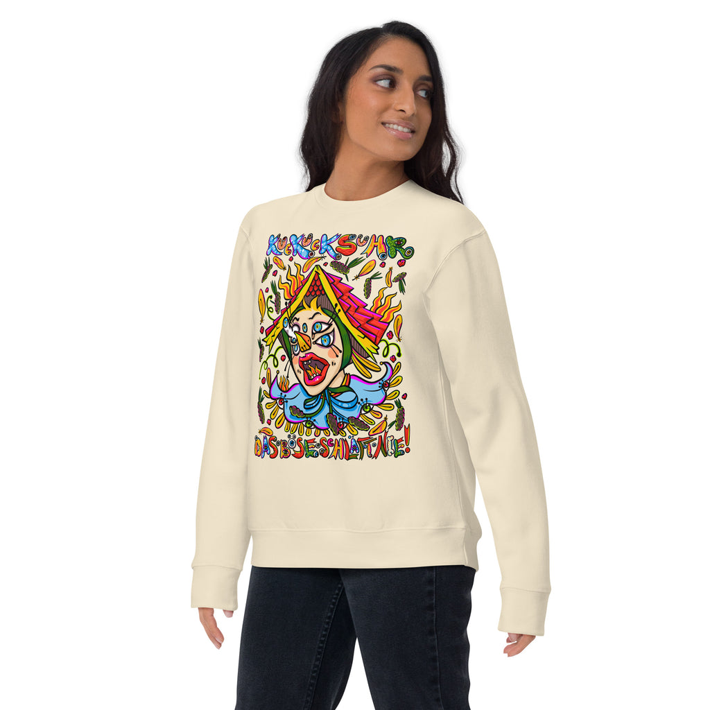 Schwarzwald Kuckucksuhr Psychedelic Sweatshirt, Damenmodell, Elfenbein, nach links gedreht
