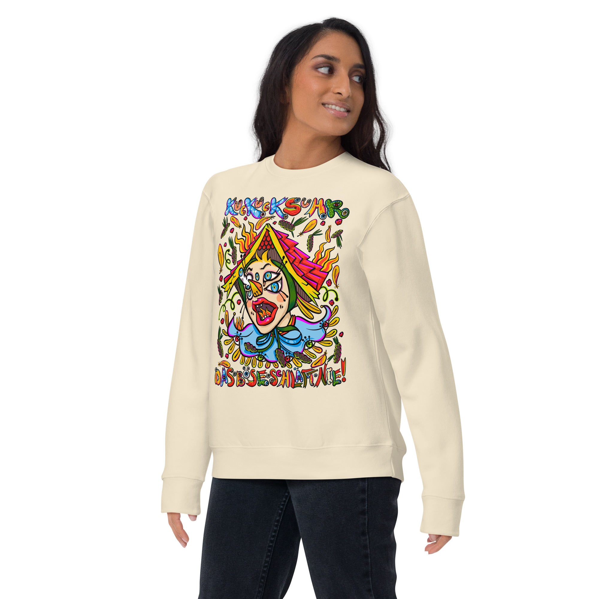 Schwarzwald Kuckucksuhr Psychedelic Sweatshirt, Damenmodell, Elfenbein, nach links gedreht