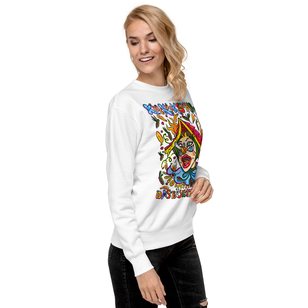 Schwarzwald Kuckucksuhr Psychedelic Sweatshirt, Damenmodell, Weiss, nach rechts gedreht