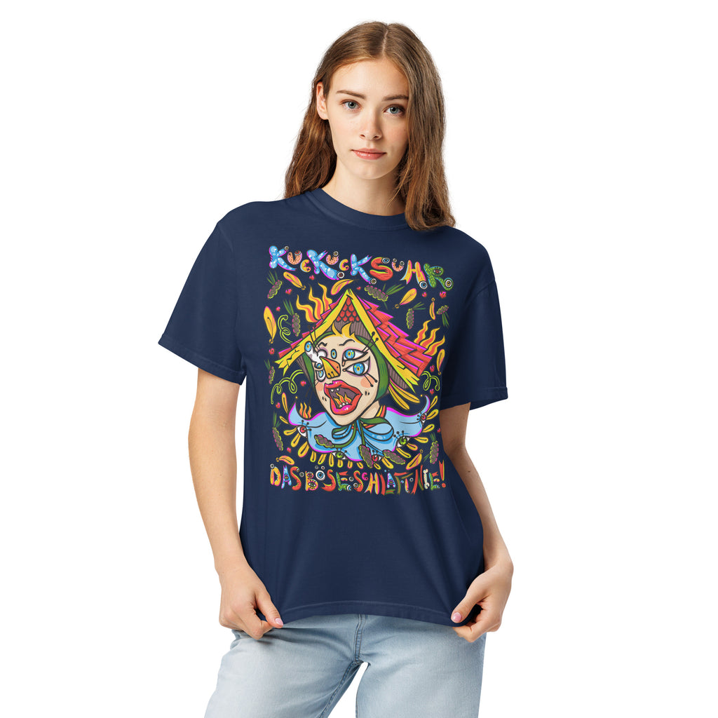 Schwarzwald Kuckucksuhr Psychedelic T-Shirt, Damenmodell, Dunkelblau, Frontansicht
