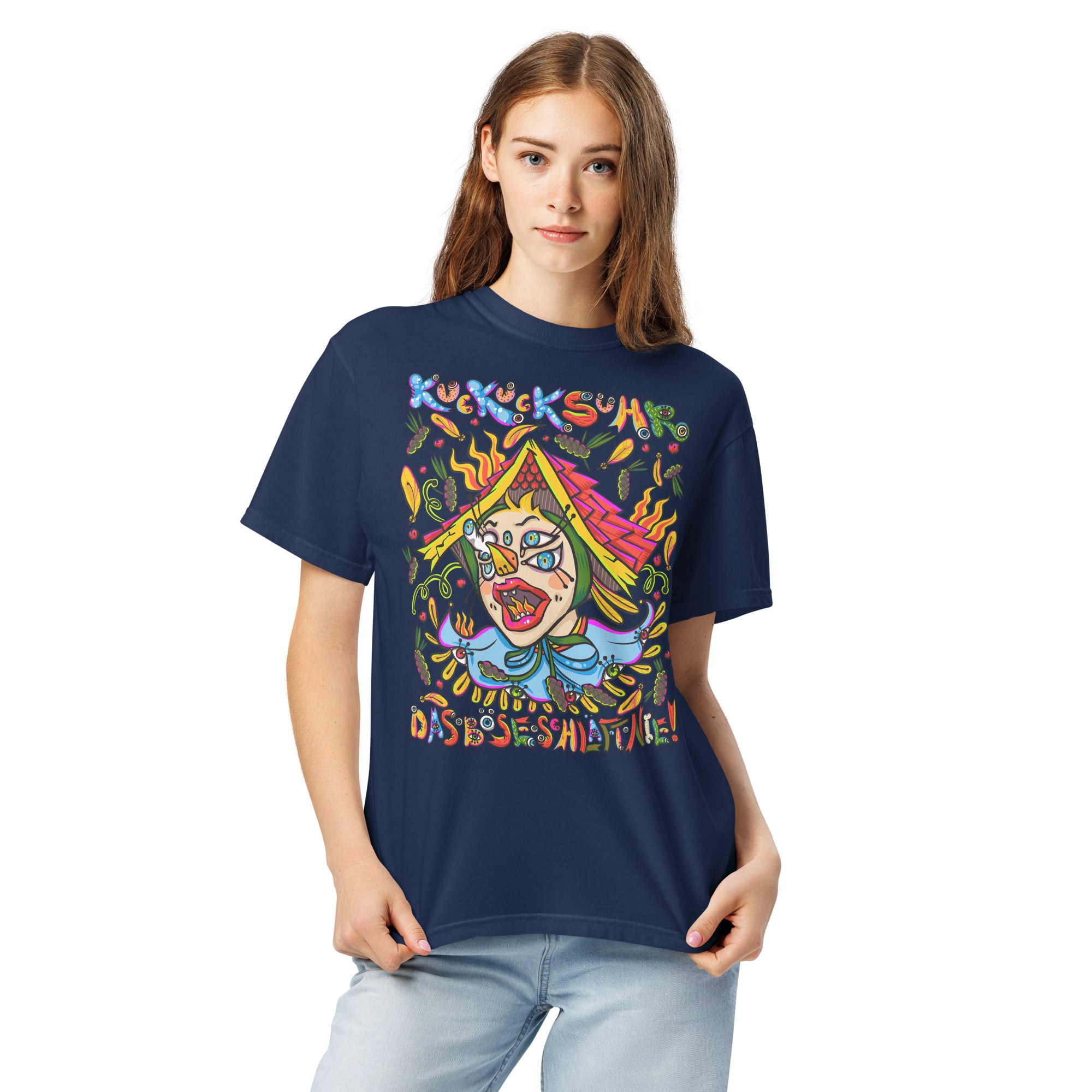 Schwarzwald Kuckucksuhr Psychedelic T-Shirt, Damenmodell, Dunkelblau, Frontansicht