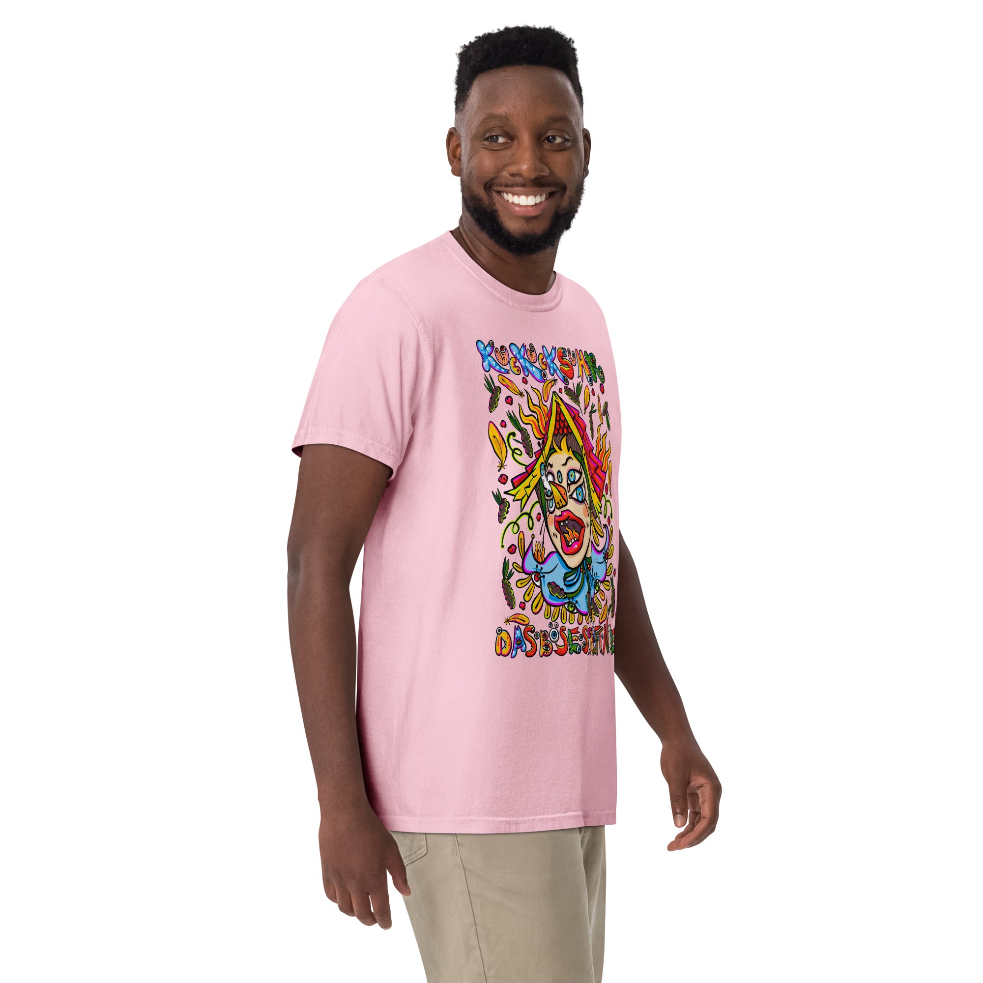 Schwarzwald Kuckucksuhr Psychedelic T-Shirt, Herrenmodell, Rosa, nach rechts gedreht