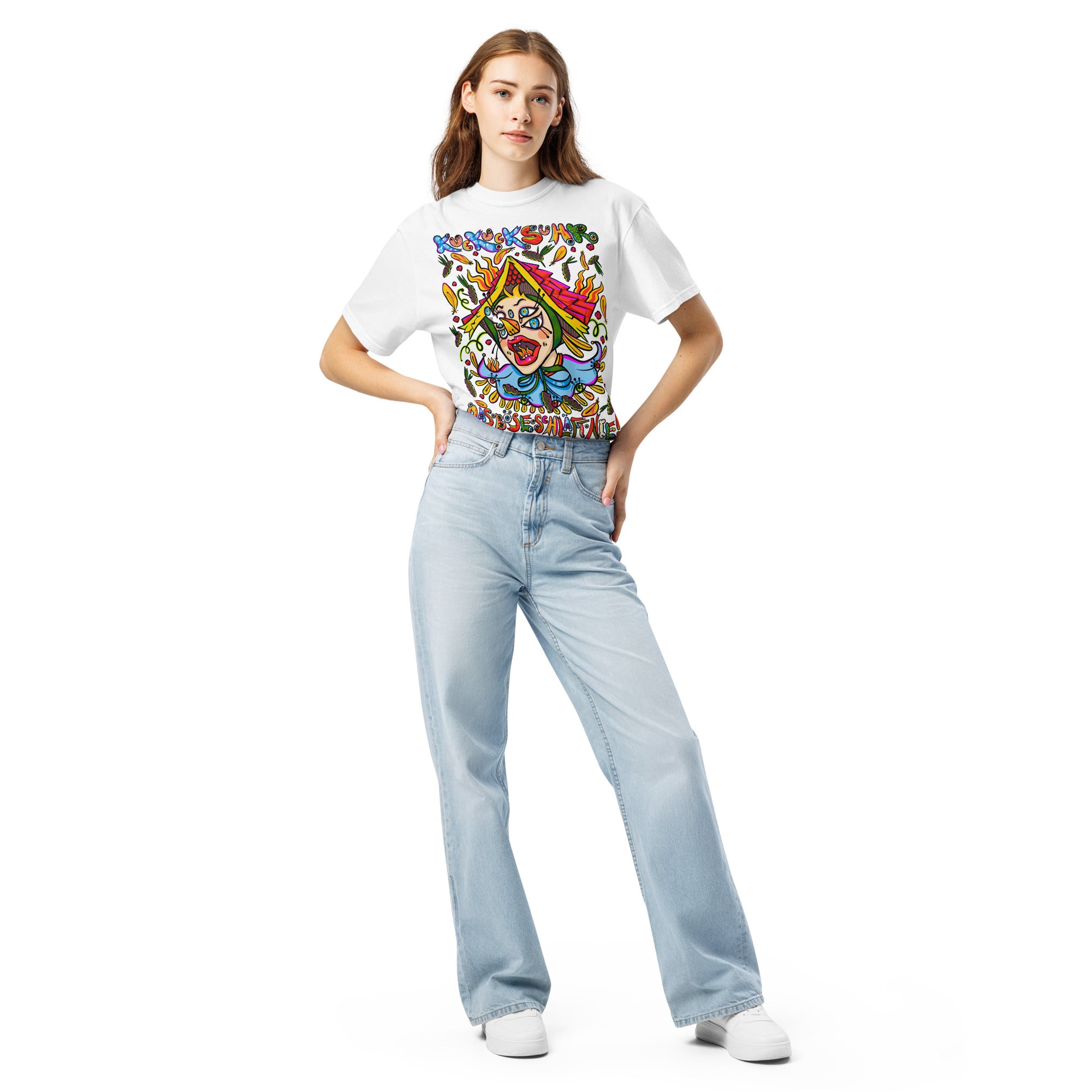 Schwarzwald Kuckucksuhr Psychedelic T-Shirt, Damenmodell, Weiß, Frontansicht