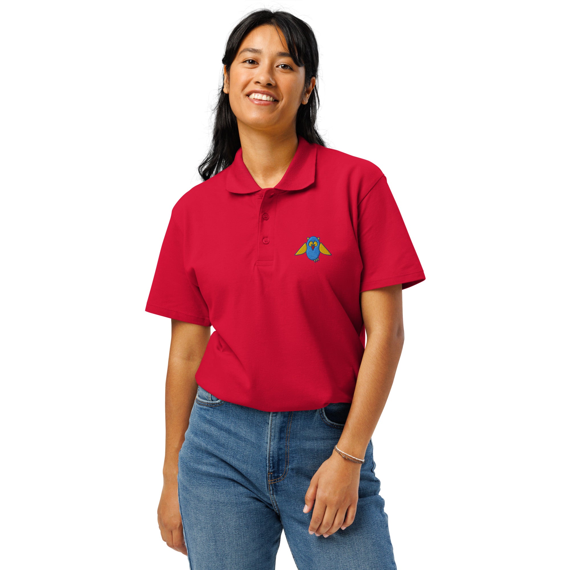 Schwarzwald Premium Polo mit gestickter Eule, Damenmodell, Rot, frontal