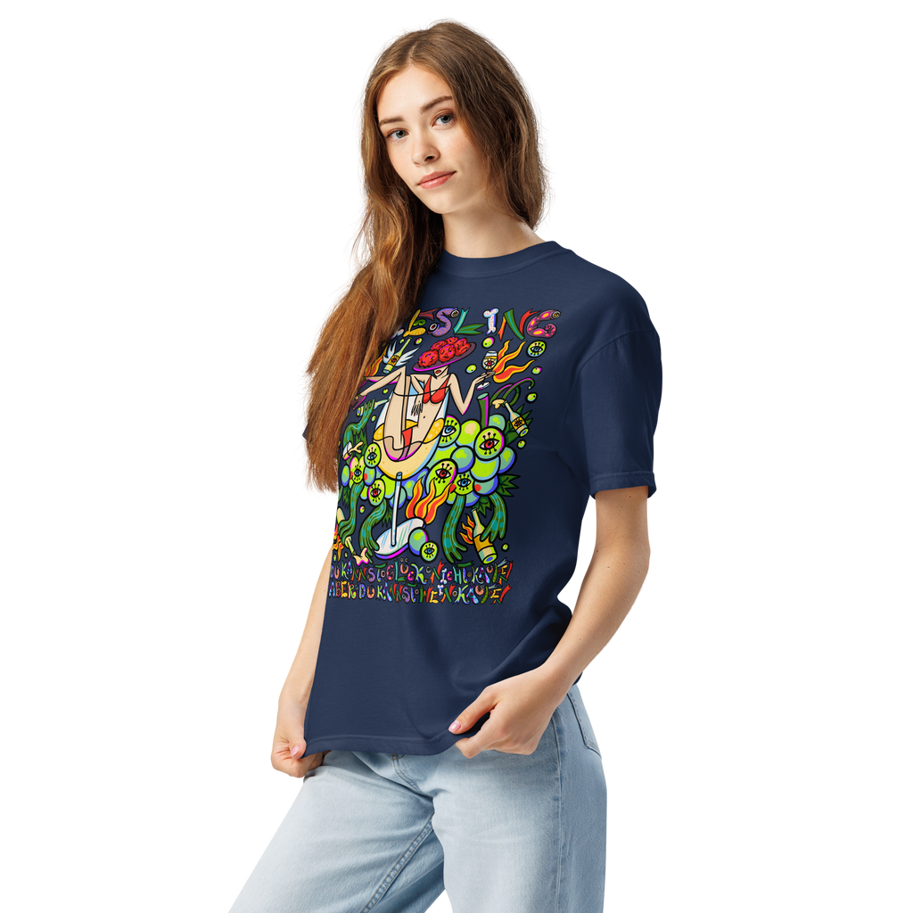 Schwarzwald Riesling Psychedelic T-Shirt, Damenmodell, Dunkelblau, nach links gedreht