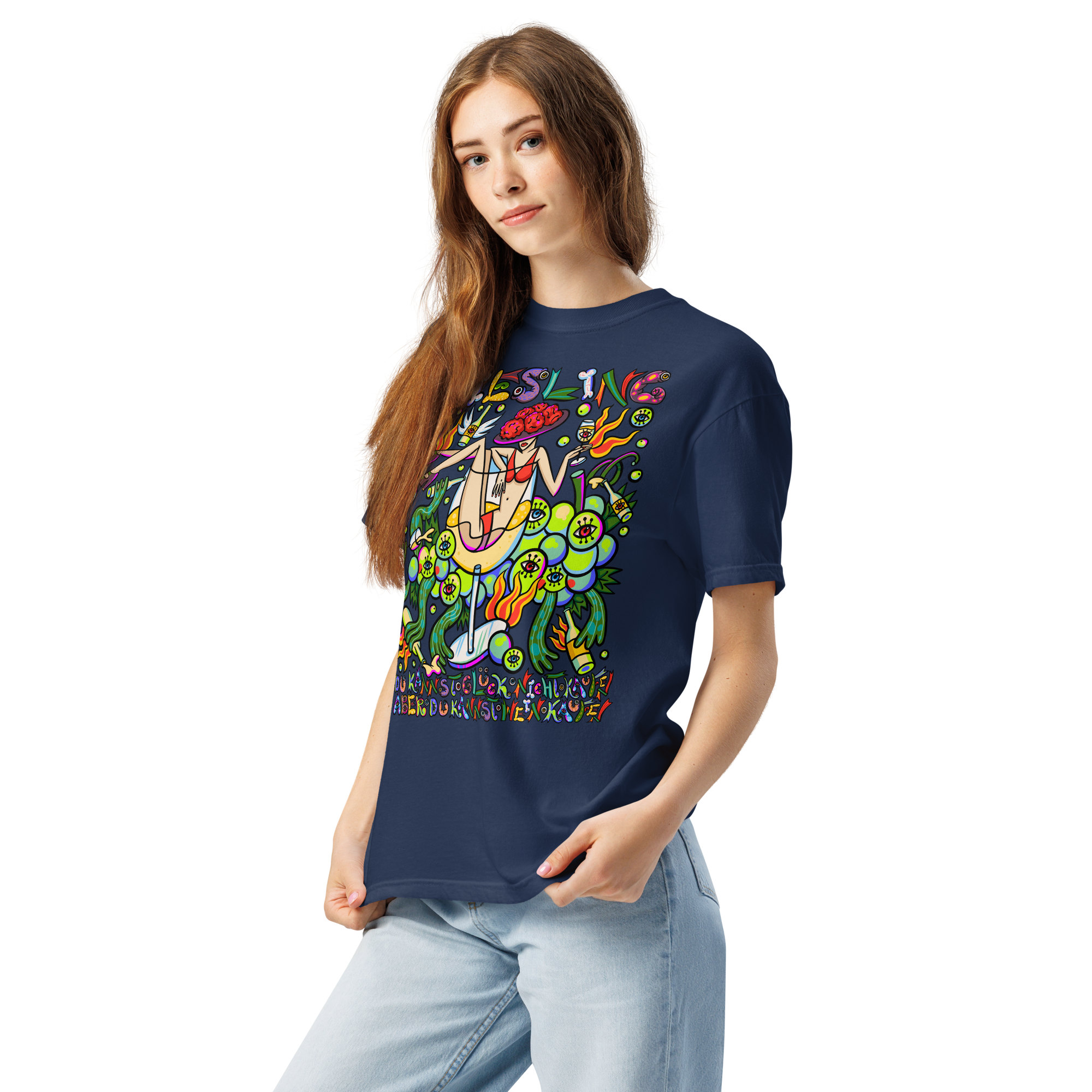Schwarzwald Riesling Psychedelic T-Shirt, Damenmodell, Dunkelblau, nach links gedreht