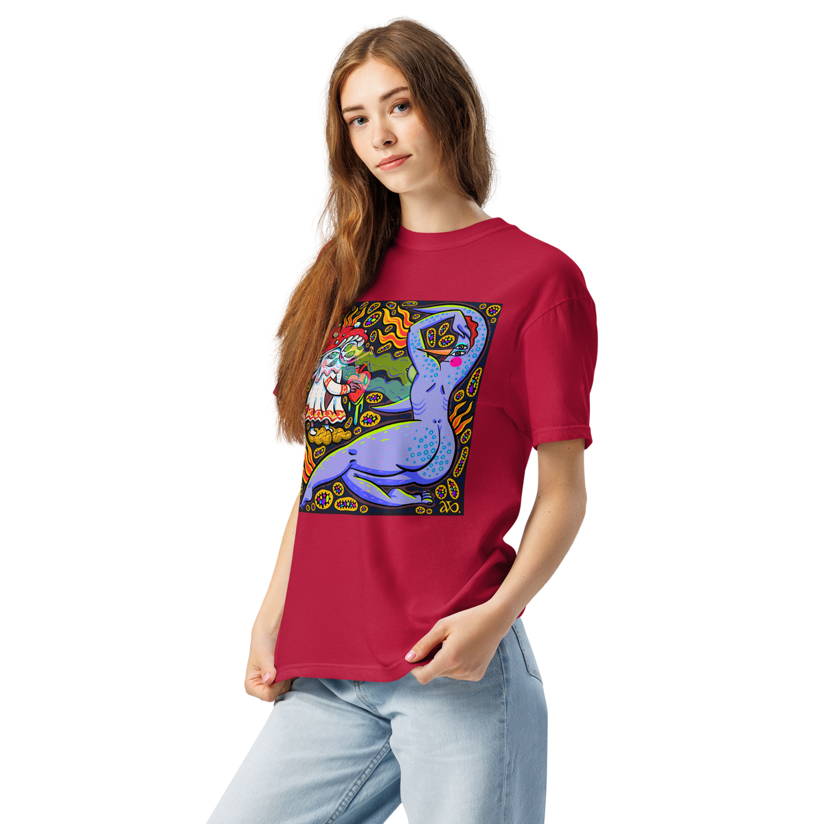 Verzaubert Psychedelic T-Shirt, Damenmodell, Red, leicht nach links gedreht, Vorderansicht